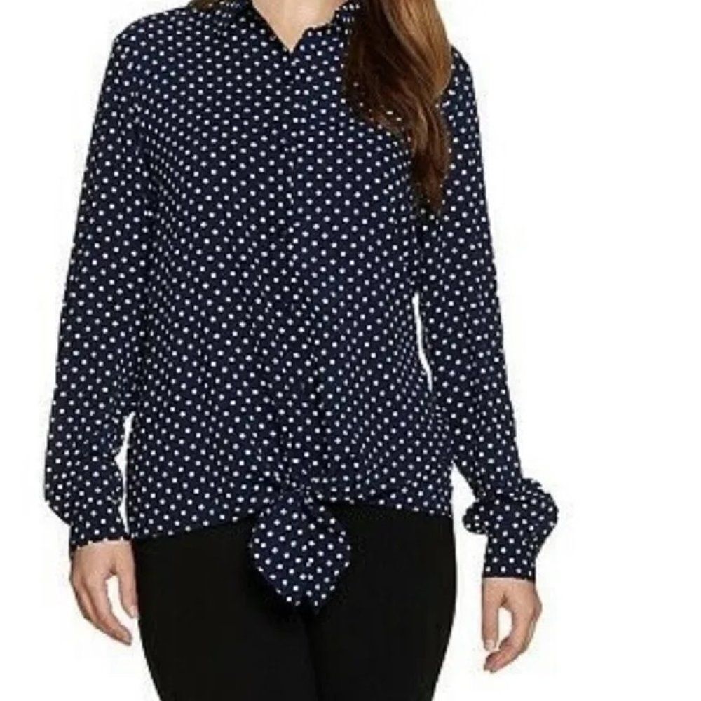 Susan Graver Blue/White Polka Dot Button down Tie waist blouse, size 16